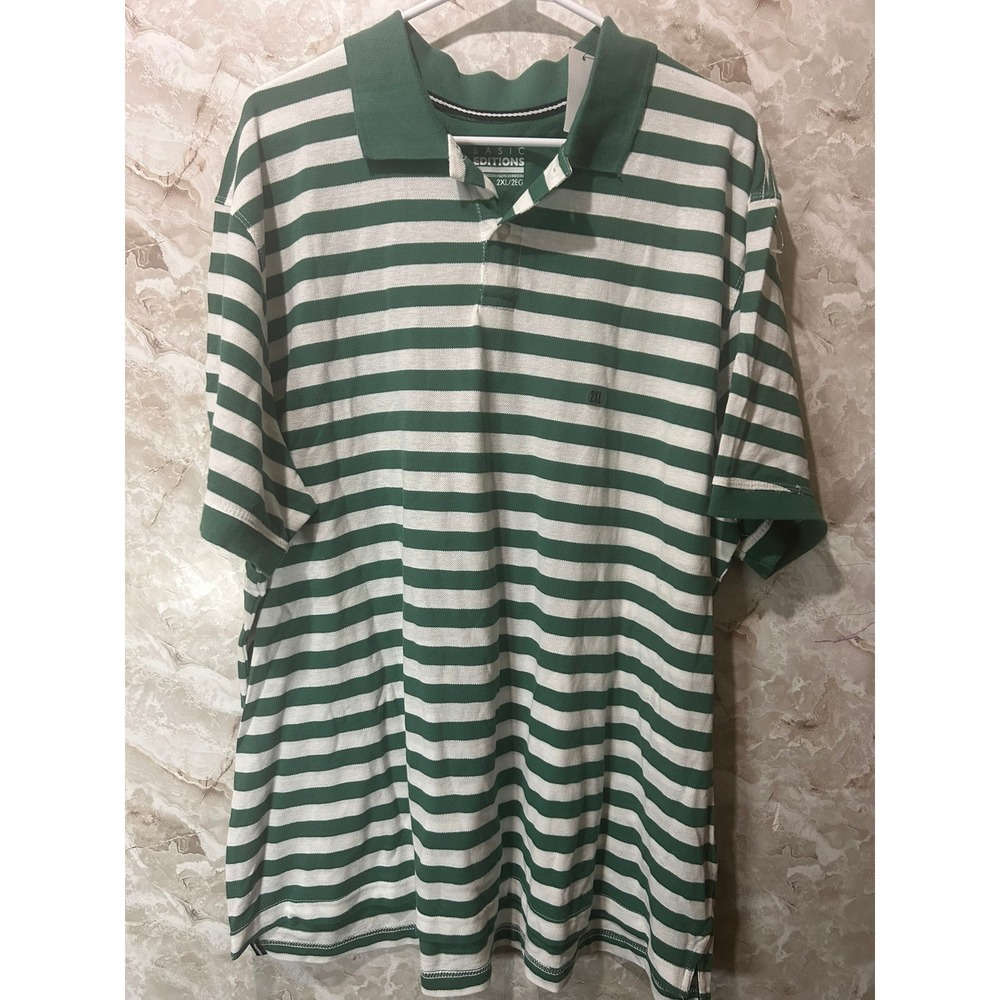 Basic Editions Mens 2XL Polo Shirt Green‎ White Striped Short Sleeve Pique New